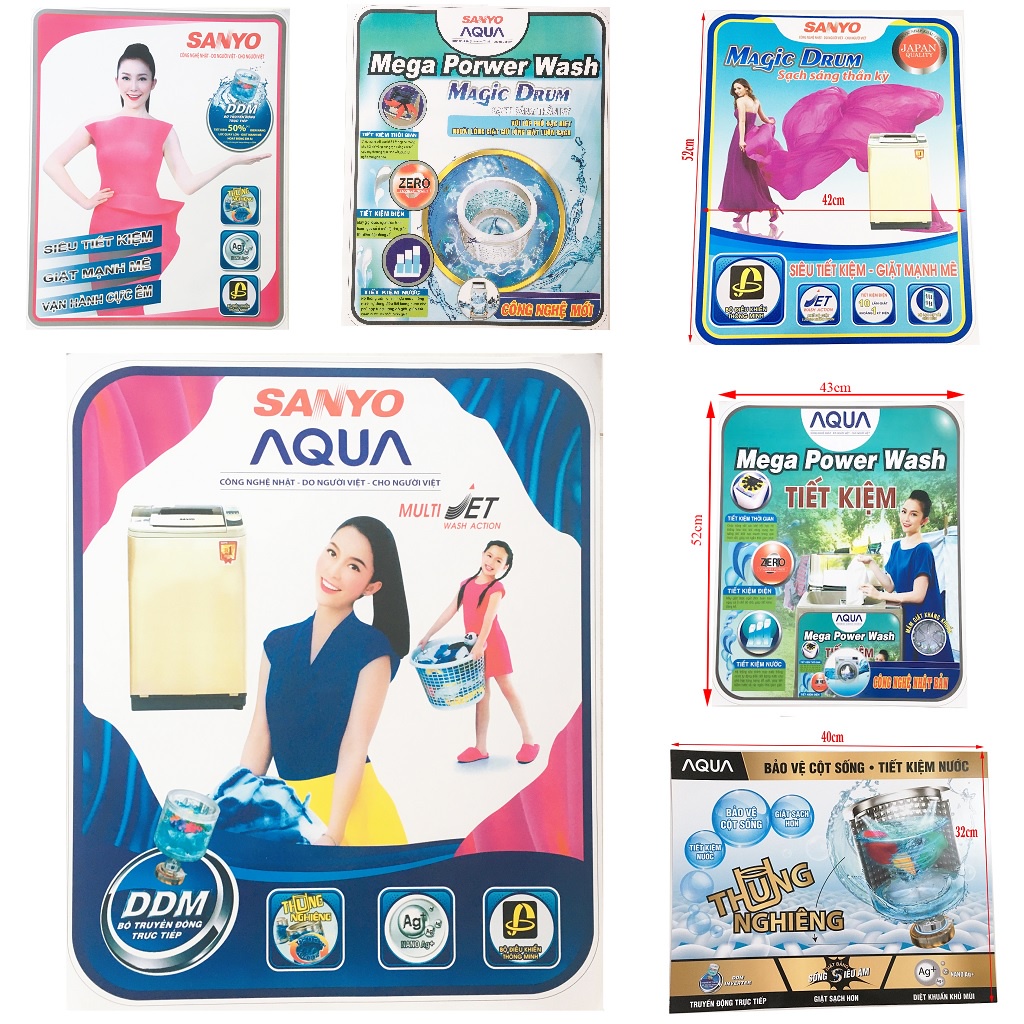 Miếng dán máy giặt Sanyo, Aqua [TẶNG BĂNG KEO HAI MẶT] tem dán máy giặt Aqua, Sanyo chọn mẫu như hình