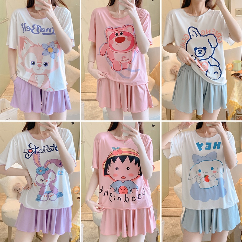 Bộ Đồ Ngủ Áo Tay Ngắn Phối Quần Short Dáng Rộng In Họa Tiết Hoạt Hình Dễ Thương Thời Trang Mùa Hè Cho Nữ