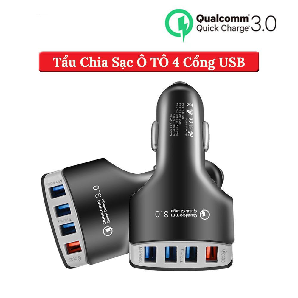 Tẩu Sạc USB Trên Ô Tô - Chia 4 Cổng USB (Có 1 Cổng Quick Sạc Nhanh 3.0)