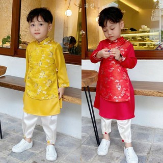 Sét bộ áo dài (áo+ quần) lụa họa tiết Hạc hàng thiết kế Beemo cho bé diện tết