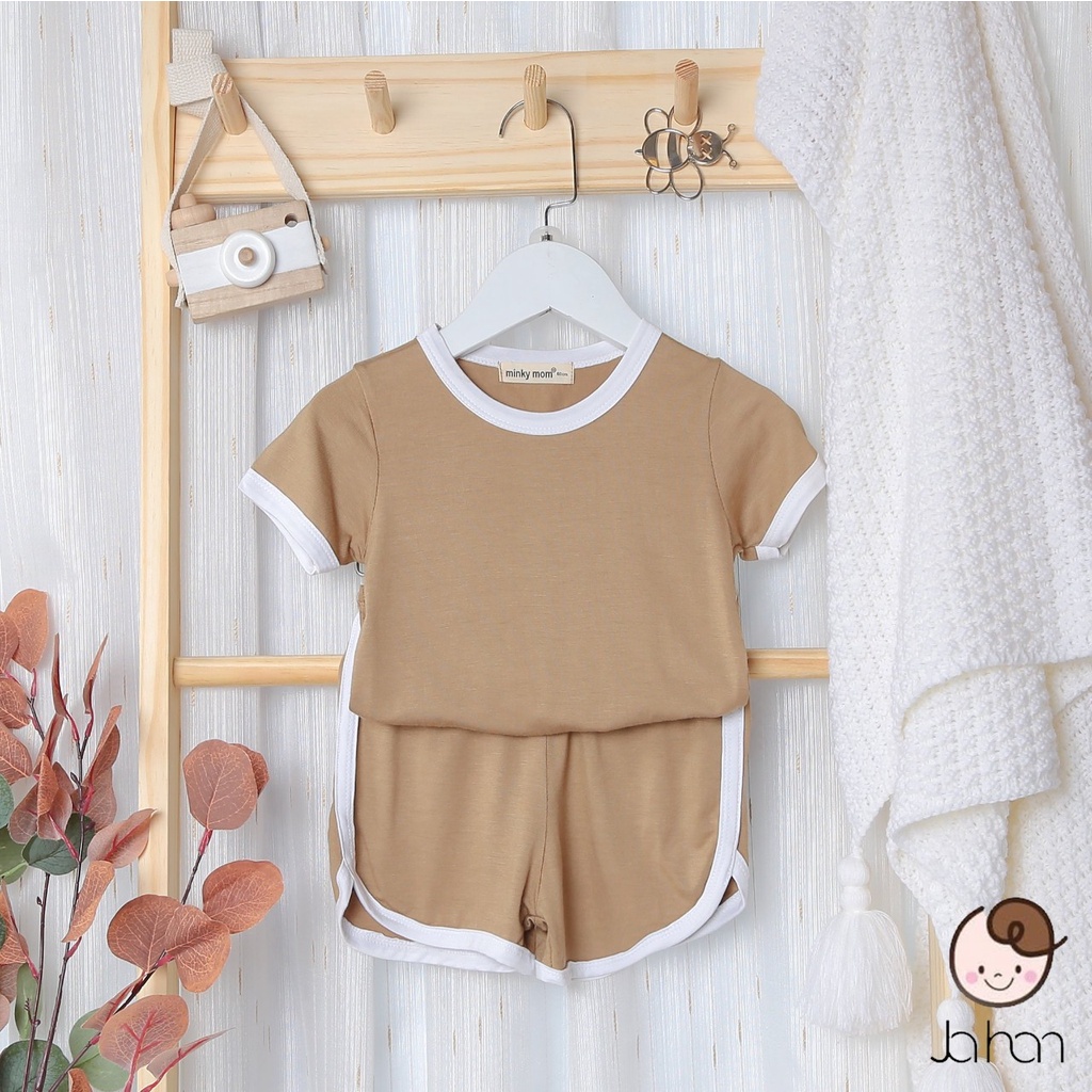 [Bé 7-19kg] Bộ ngắn tay cánh dơi thun lạnh màu trơn viền trắng Minky Mom cho bé trai bé gái từ 7-19kg