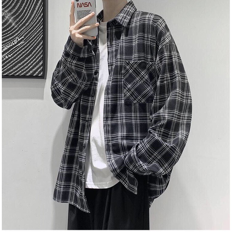 [ Có ảnh thật ] Áo sơ mi khoác ngoài form rộng unisex - Áo sơ mi nam nữ oversize sọc caro số 1