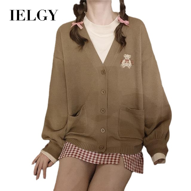 Áo khoác cardigan IELGY chất liệu dệt kim cổ chữ V dáng rộng in họa tiết gấu phong cách Nhật Bản Hàn Quốc cho nữ