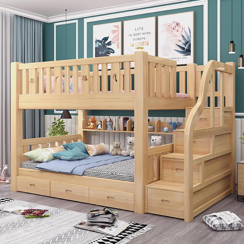 Giường tầng cao và thấp bằng gỗ đặc người lớn, trẻ em, tầng, mẹ con, hai dưới <
