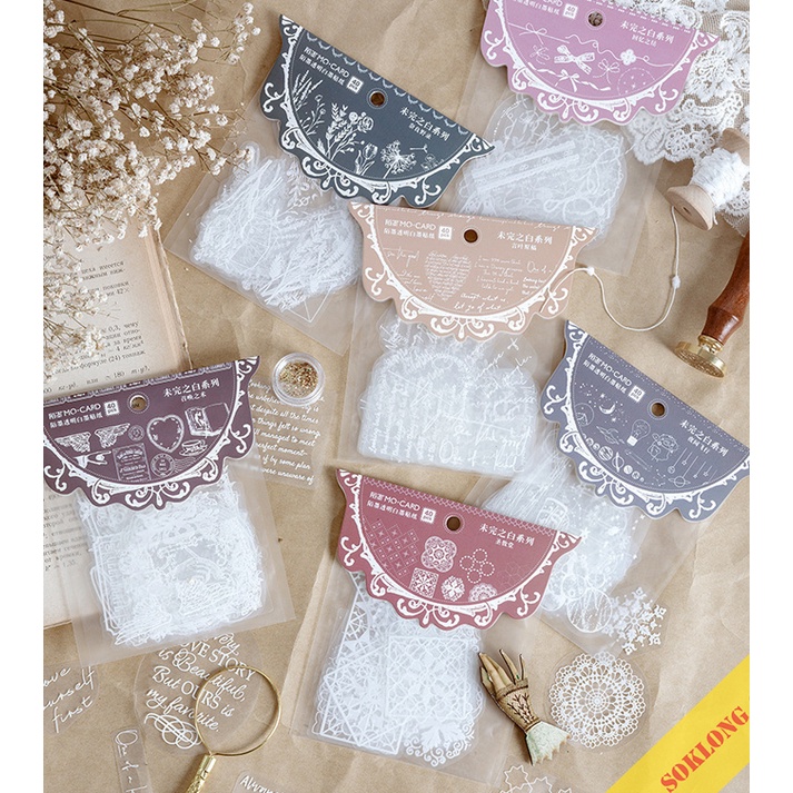 Bộ 40 sticker trong suốt STI010 cỡ lớn hình ren, hoa văn Vintage dán bullet journal, sổ tay Tuệ Minh