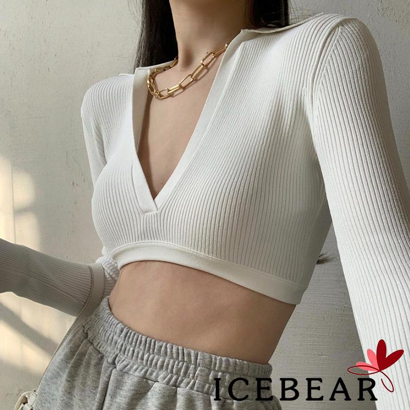 Áo Croptop Dệt Kim Tay Dài Cổ Chữ V Khoét Sâu Màu Trơn Thắt Nơ Sau Lưng Thời Trang Cho Nữ