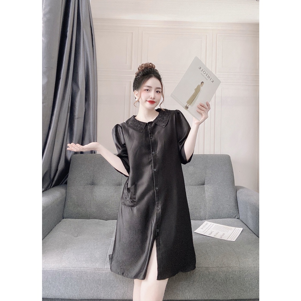 Váy ngủ lụa dài tay dễ thương mặc nhà Hoàng Tình Store đầm ngủ tiểu thư cổ thêu hoa Freesize