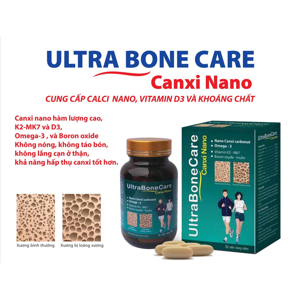 Viên Uống Bổ Sung Canxi Nano Ultra Bone Care - Khỏi Lo Chuột Rút Tê Bì Chân Tay - Mk7 Tăng Hấp Thu Canxi - Lọ 30 Viên