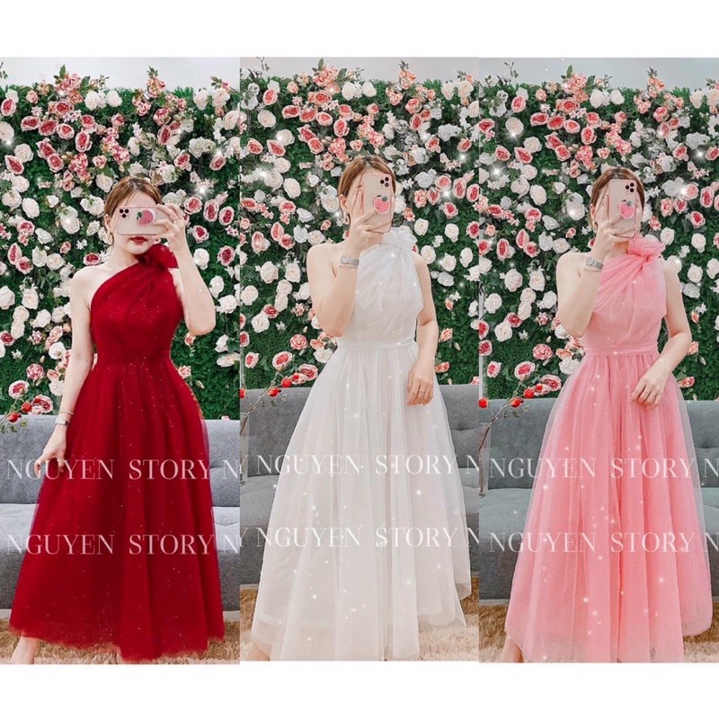 Đầm maxi lưới lệch vai hoa dự tiệc cao cấp (Có ảnh thật)