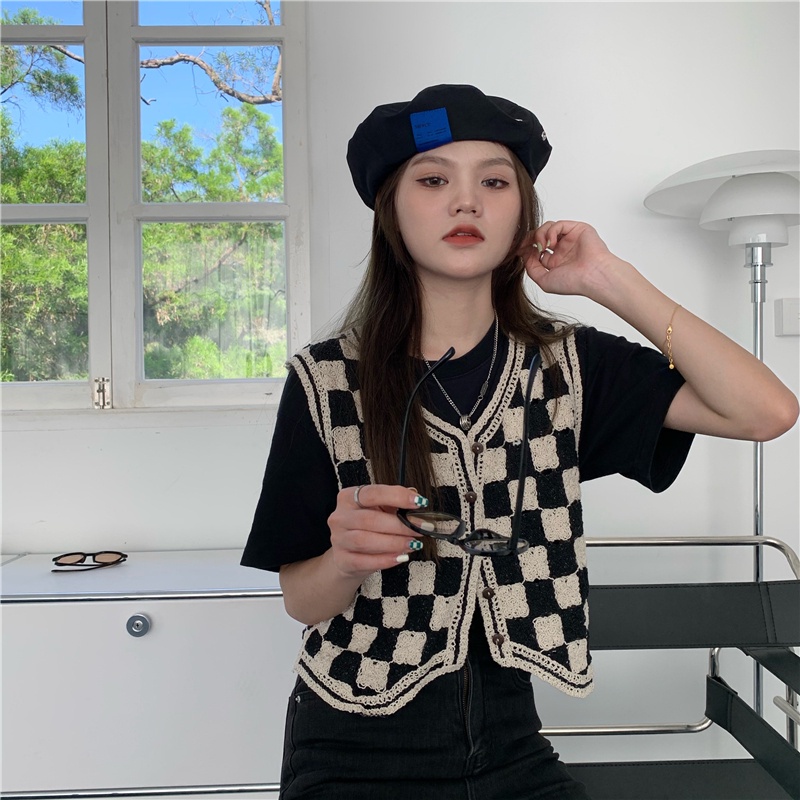 SUXI Áo Khoác Dệt Kim Không Tay Dáng Rộng Họa Tiết Kẻ Ô Phong Cách Hàn Quốc Thời Trang Mùa Thu Cho Nữ