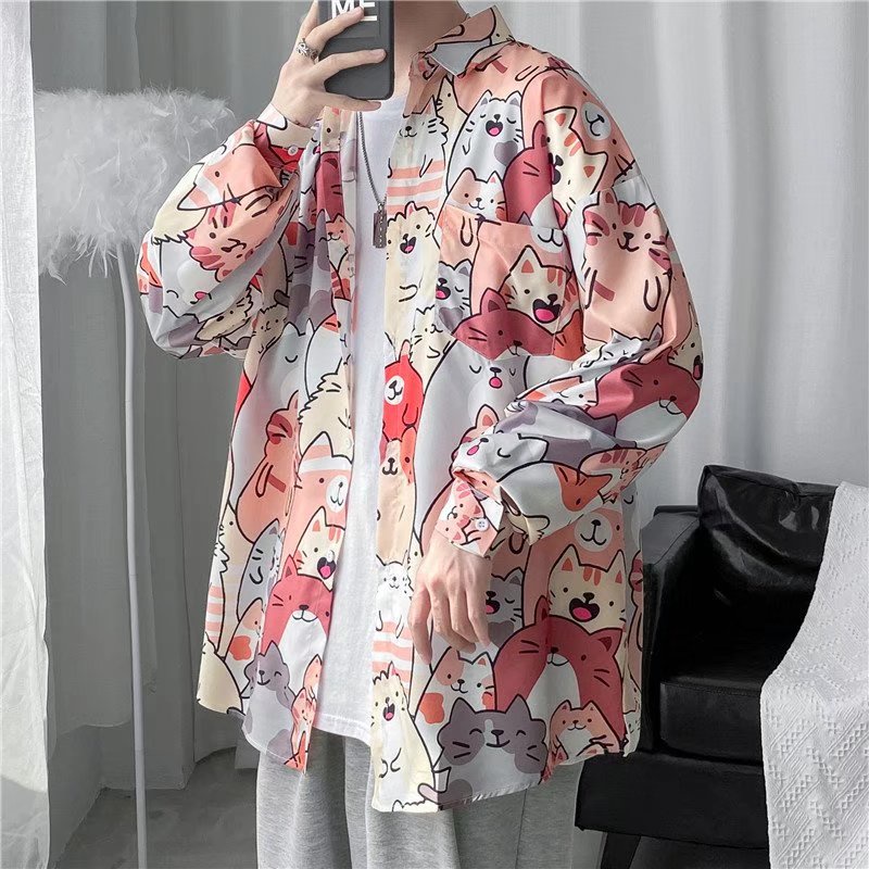 Áo Sơ Mi Nam Dài Tay In Hình Mèo Hoạt Hình Dễ Thương Phong Cách Hàn Quốc