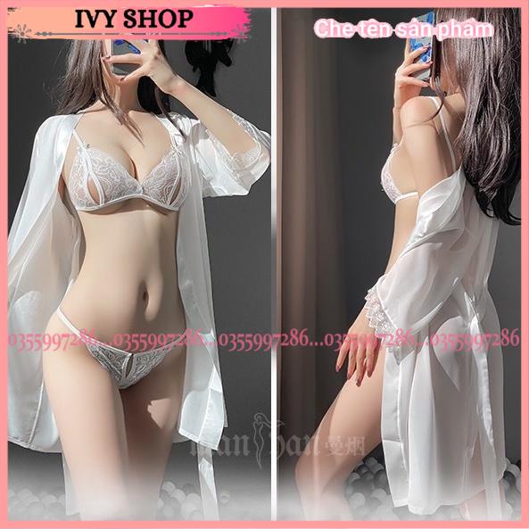 Áo Choàng Ngủ Kèm Set Bikini Cao Cấp, Set Đồ Ngủ Sexy Xuyên Thấu Gồm Áo Choàng + ĐỒ Lót Mã ACBI001, ACR905 Màu đen,trắng