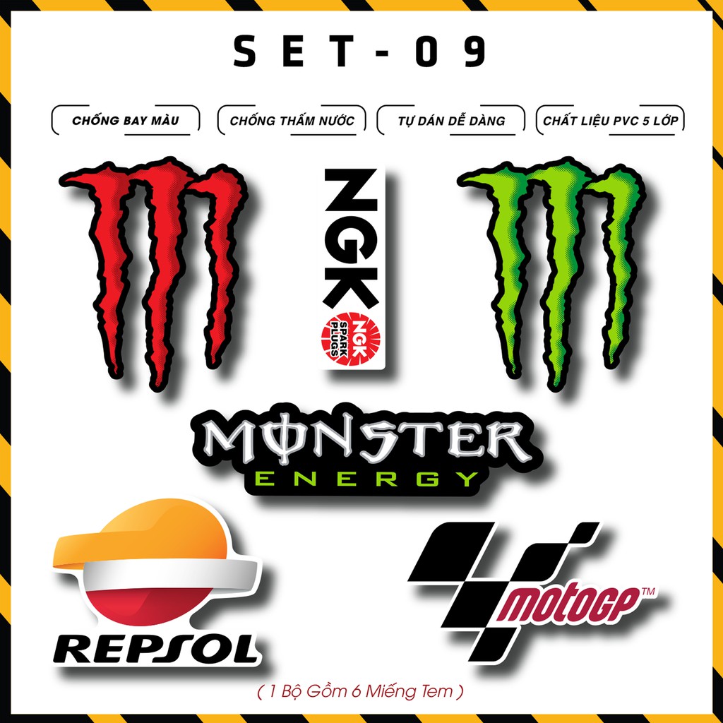 Tem Dán Xe Repsol, Monster... | LG09 | Dán Xe Máy, Xe Điện, Nón Bảo Hiểm Hình Dán Sticker Trang Trí, Chống Nước, Bền Màu