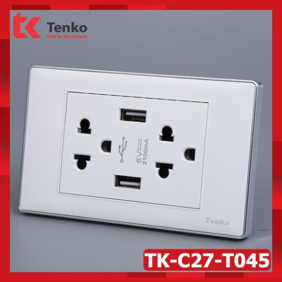 Ổ Điện Đôi 3 Chấu Âm Tường Tích Hợp 2 Cổng USB Sạc Nhanh 5V 2100mAh Âm Tường Màu Trắng TENKO TK-C27-T045