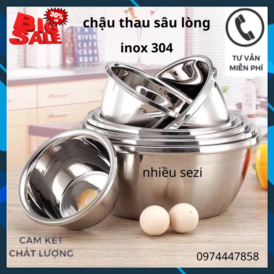 Thau chậu sâu lòng inox su 304 siêu dày nhiều size 18-20-22- 24-26-30-32-34-36-38-40cm,bát trộn bột inox