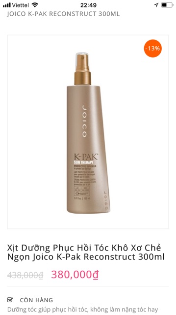 Xịt dưỡng phục hồi tóc khô xơ chẻ ngọn Joico K-pak Reconstruct 300ml