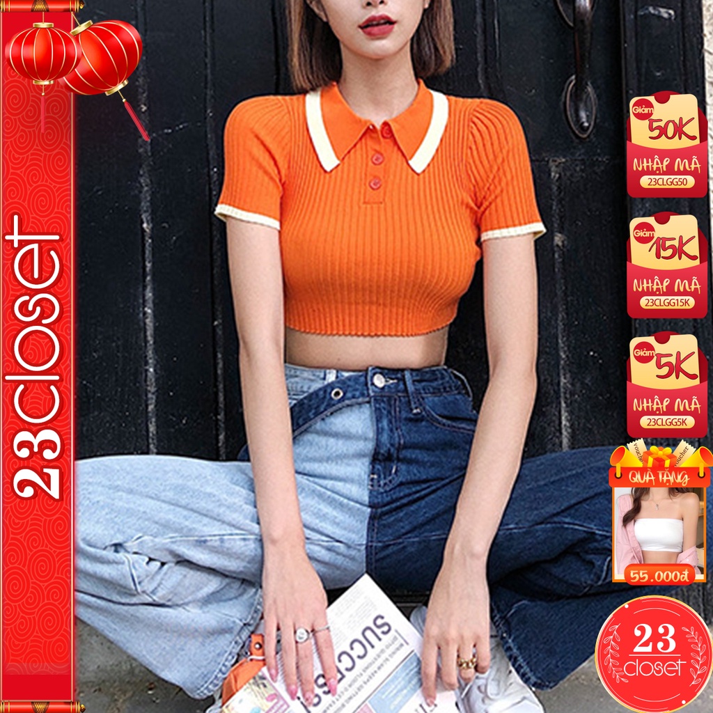 Áo croptop nữ có cổ 23Closet áo croptop ôm tay ngắn kiểu polo cá tính co giãn chất liệu len montergy cao cấp CRT05