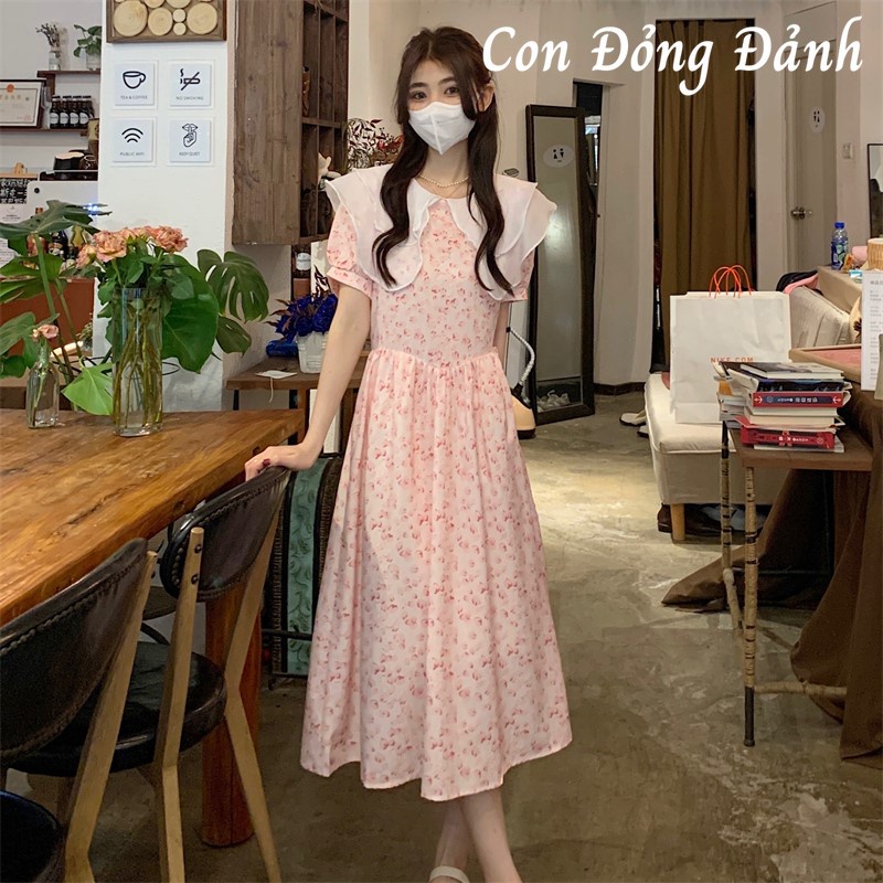 Váy Hoa Nhí Dáng Dài Cổ Rộng Vitage thoải mái VD059