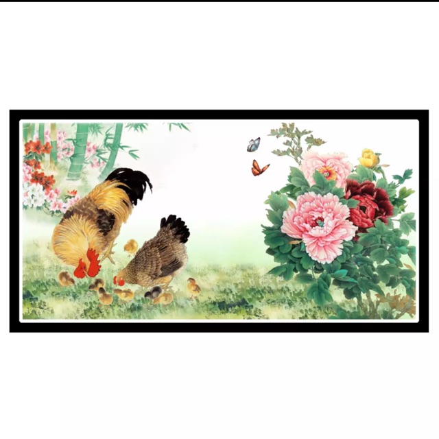 Tranh dán tường kim sa Vợ Chồng Gà 150 x 80 cm