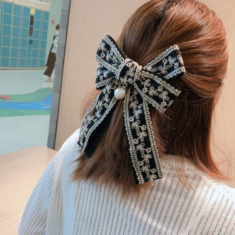 Kẹp tóc đính nơ phối ren và ngọc trai phong cách cổ điển xinh xắn dành cho nữ