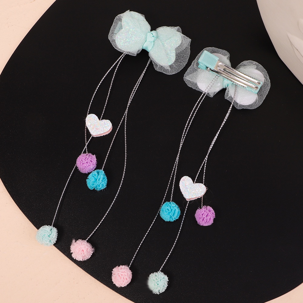 RainBow Bows Set 2 Kẹp Tóc Tua Rua Đính Quả Cầu Lông Và Nơ Lấp Lánh Dành Cho Bé Gái