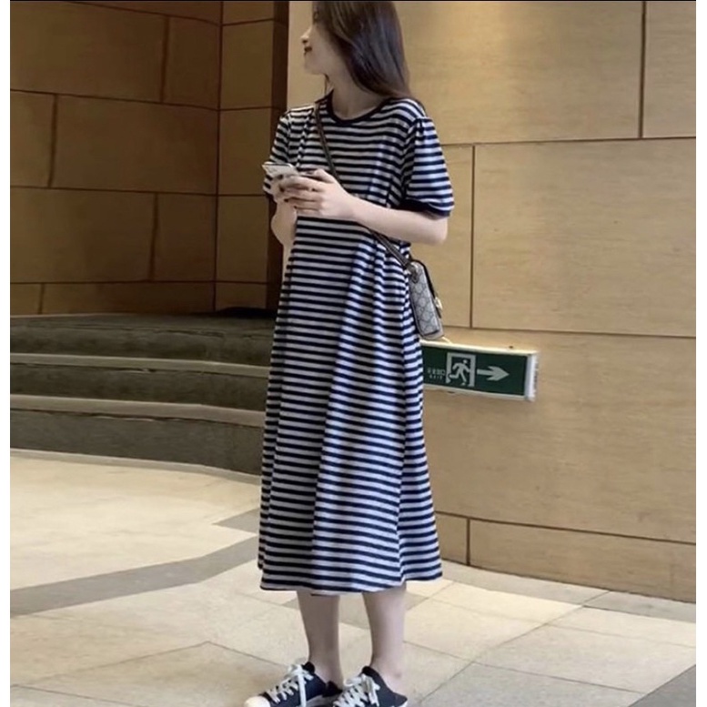 Váy ngủ nữ, đầm ngủ dáng suông freesize chất thun tay ngắn kẻ ngang cổ tròn dài 95cm