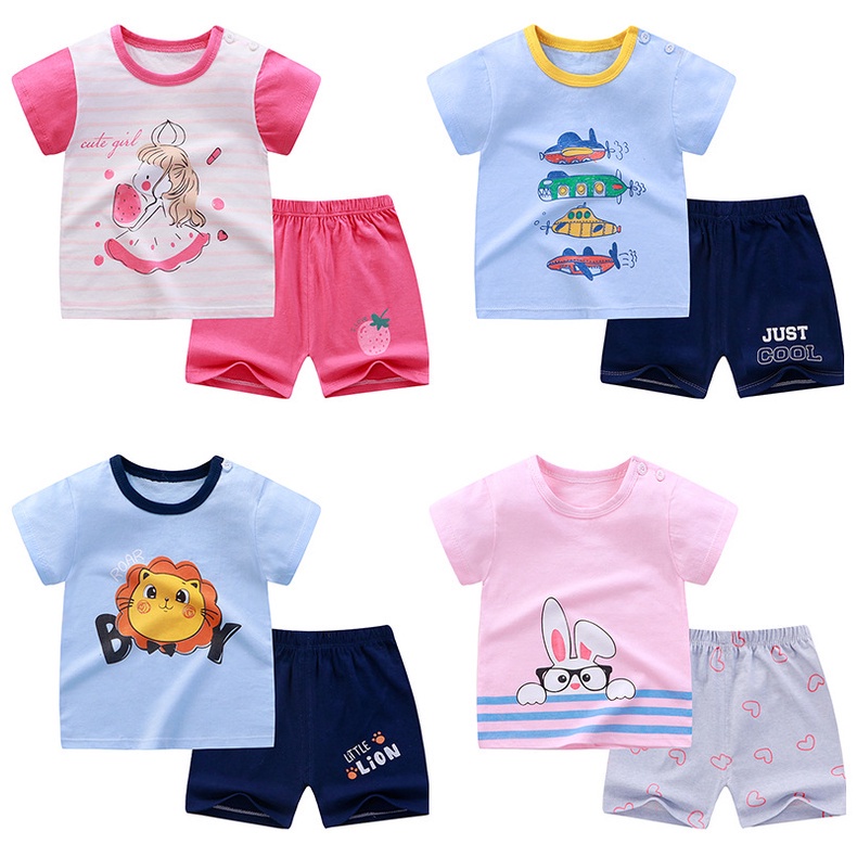 Bộ đồ thun cotton áo tay ngắn và quần short thời trang mùa hè Hàn Quốc cho bé
