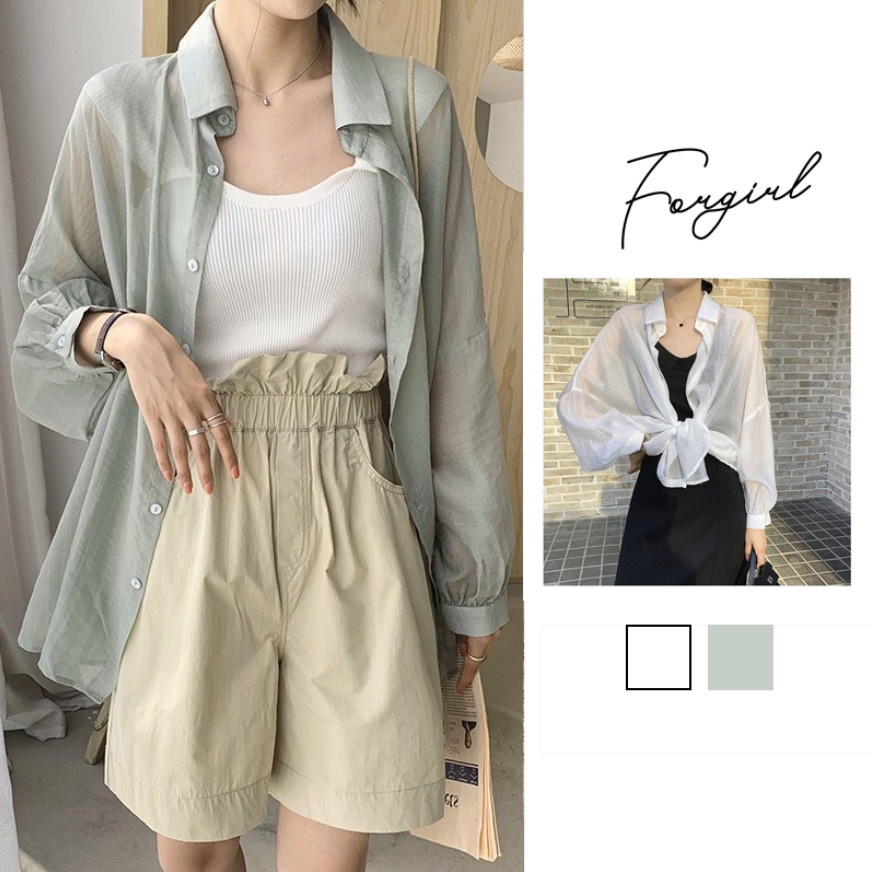 Áo sơ mi voan khoác ngoài Forgirl dáng xuông cổ đức