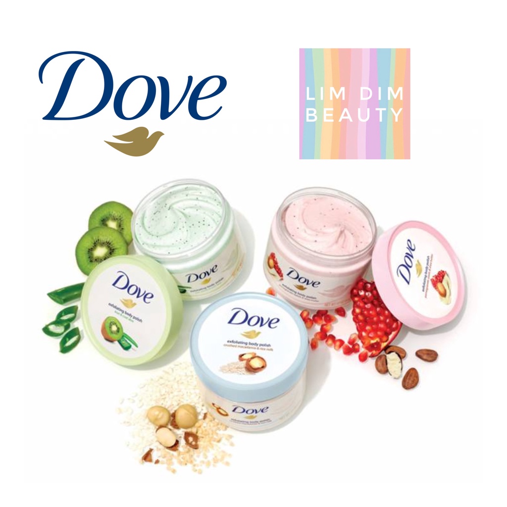 Tẩy Tế Bào Chết Dove Exfoliating Body Scrub Macadamia &amp; Rice Milk|Kiwi Seeds &amp; Cool Aloe|Pomegranate Seeds &amp; Shea Butter