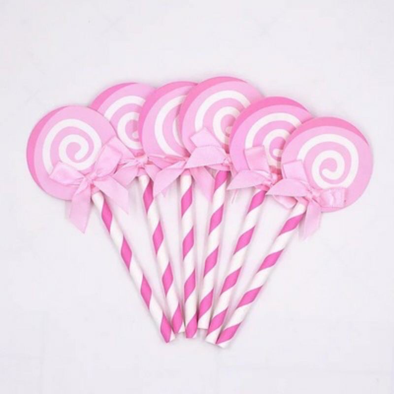 Set 5 que cắm hình kẹo mút trang trí bánh kem, phụ kiện trang trí bánh