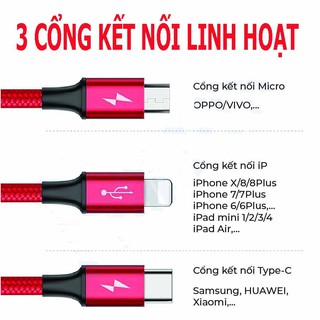 [Freeship] Cáp sạc 3 đầu ( 3 in 1) đa năng | Dây dù , Dài 1.2M | Micro USB / Type C / Lightning