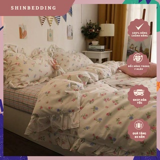 Set Vỏ Chăn Ga Cotton Living Viền Bèo Hoa Hồng Siêu Xinh Cotton 100% Shinbedding