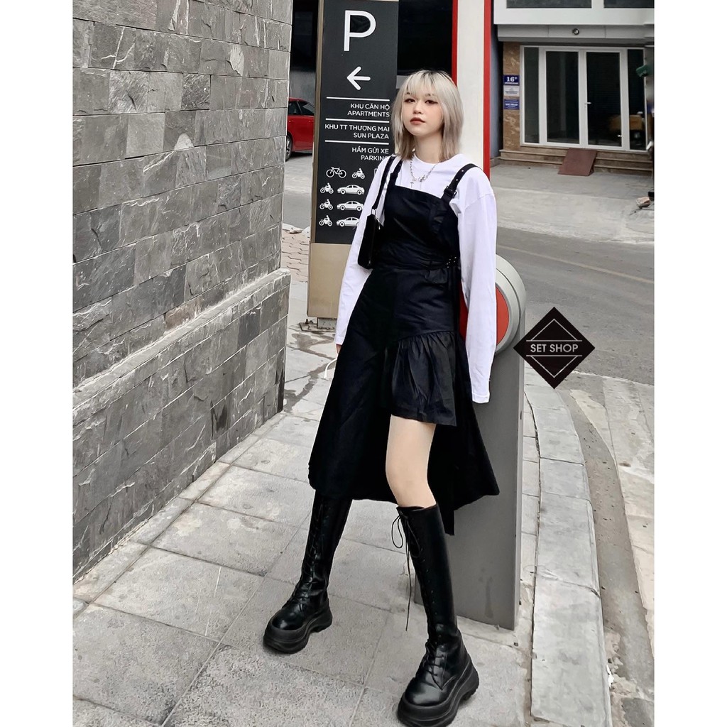 Váy hai dây tầng cực tôn dáng - Váy hai dây bản to đen Bape lệch tầng bèo có dây rút bụng chỉnh eo freesize | BigBuy360 - bigbuy360.vn