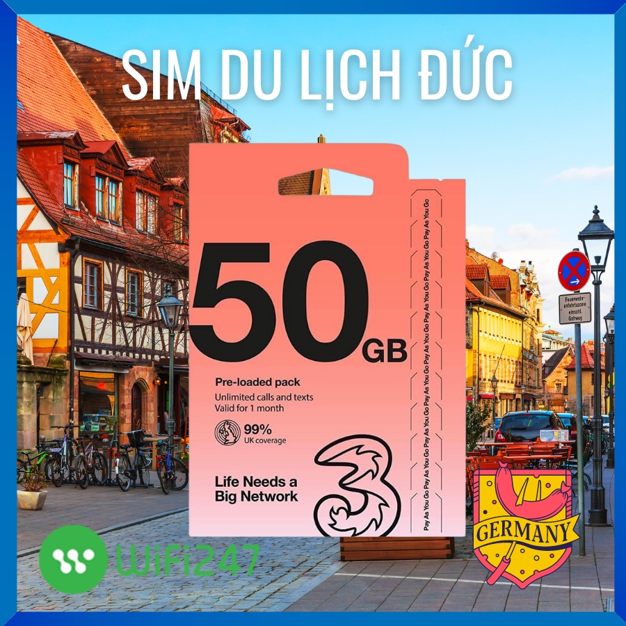 Sim 4G du lịch tại nước Đức 12Gb 30 ngày, thoải mái nghe gọi, sim châu Âu Three UK