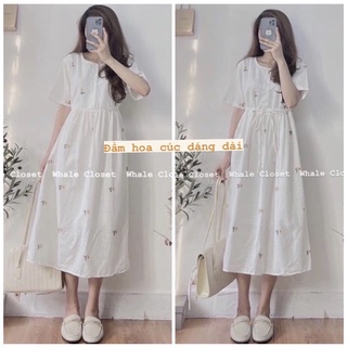 Đầm váy babydoll dài hoa cúc nhí 2 lớp có dây buộc eo vintage nàng thơ