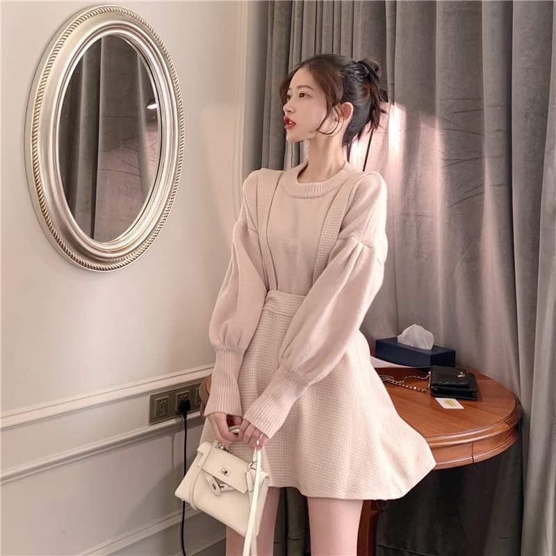 Set yếm ulzzang có tách lẻ, gồm chân váy ulzzang và áo len tay phồng