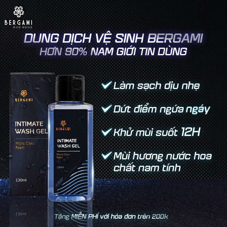 Dung dịch vệ sinh nam Bergami , ddvs nam nước hoa, hương thơm quyến rũ,ngăn vi khuẩn khử mùi suốt 24/7 - 130ml