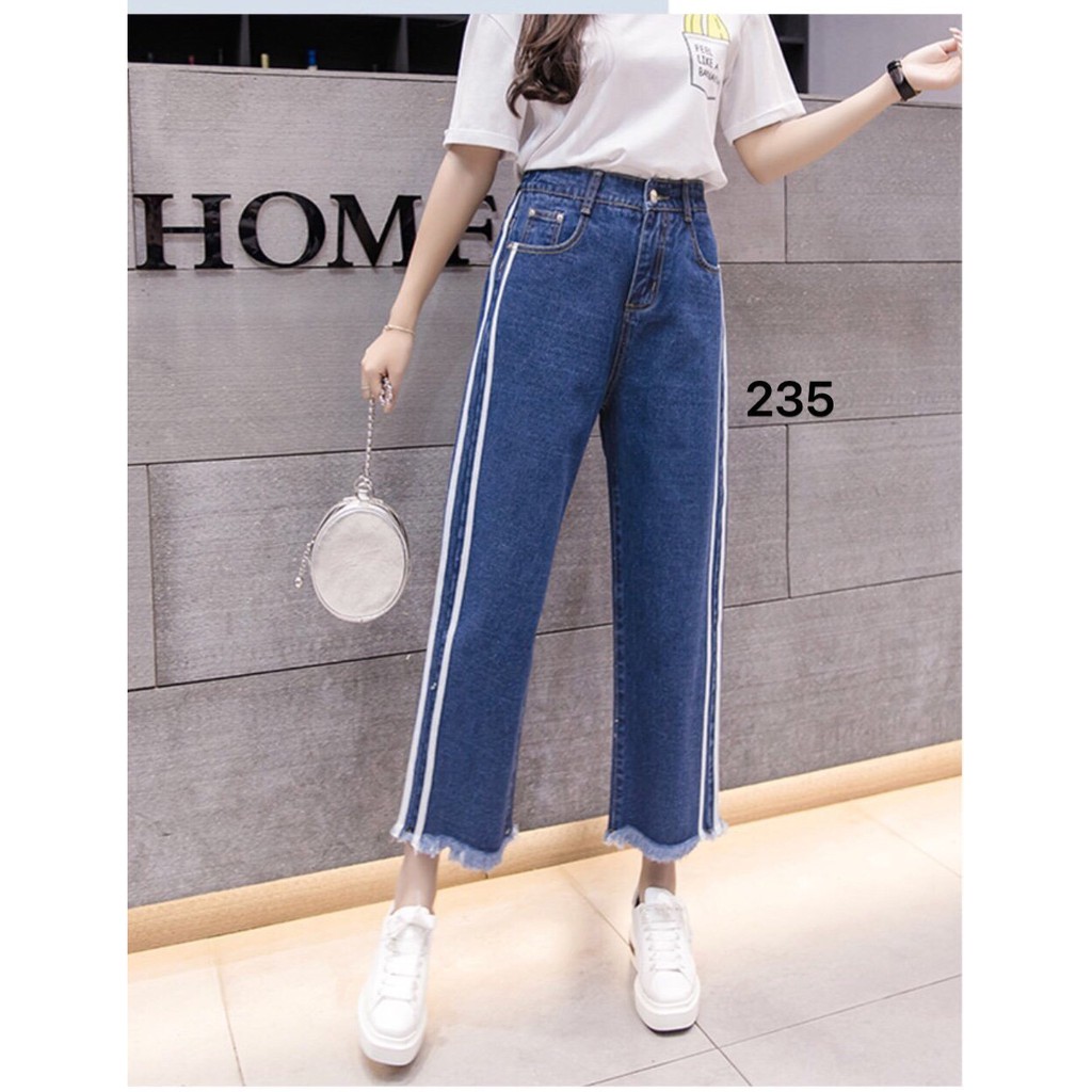Quần Jeans Nữ Ống Rộng Phối Sọc Cao Cấp OHS3042