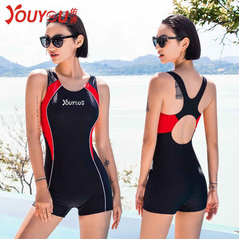 bikini bộ đồ bơi nữ chuyên nghiệp hiệu youyou liền mảnh đen phối đỏ | BigBuy360 - bigbuy360.vn