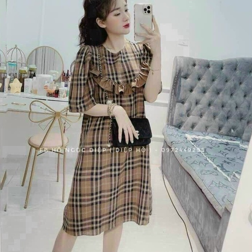 Đầm caro tay phồng phối bèo dễ thương cho nàng đi chơi dạo phố LP Fashion