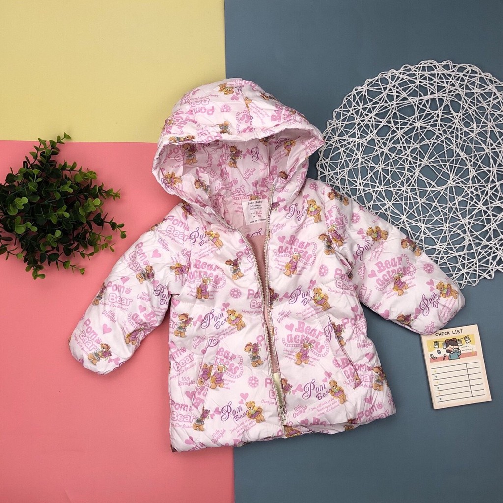 Thu đông; Áo Phao Bé Gái Họa Tiết Hồng Gấu APBGNTB02 size 9/12 -3/4, dành cho bạn từ 11kg đến 22kg
