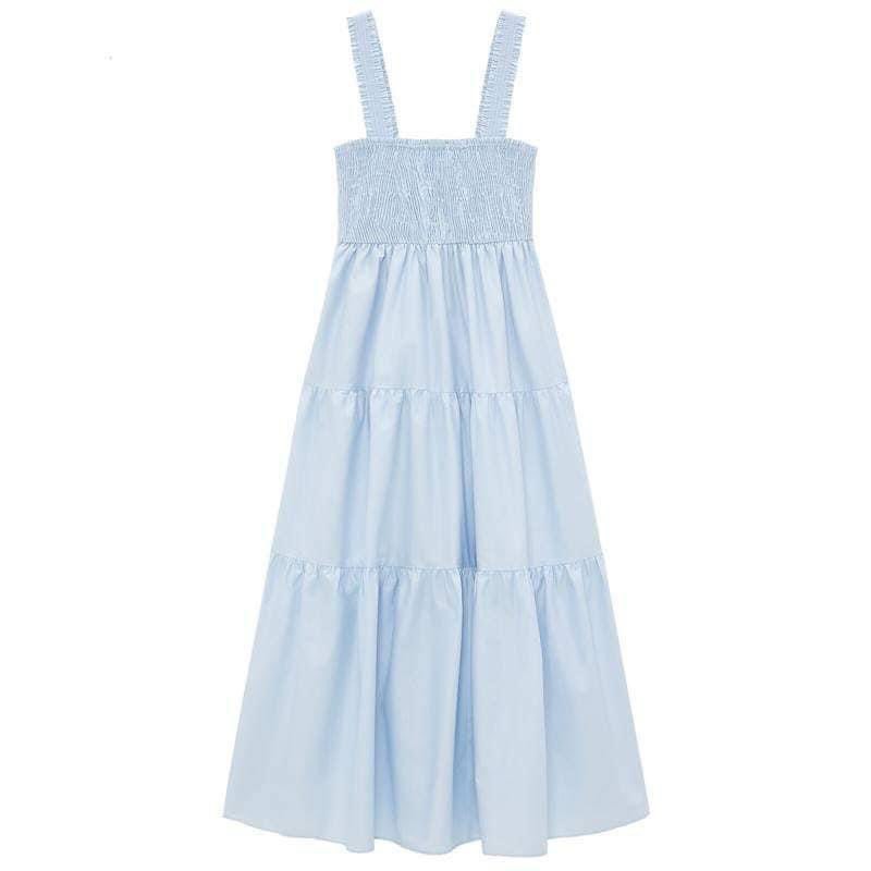 Đầm midi 2 dây babydoll tầng nhún chỉ ngực