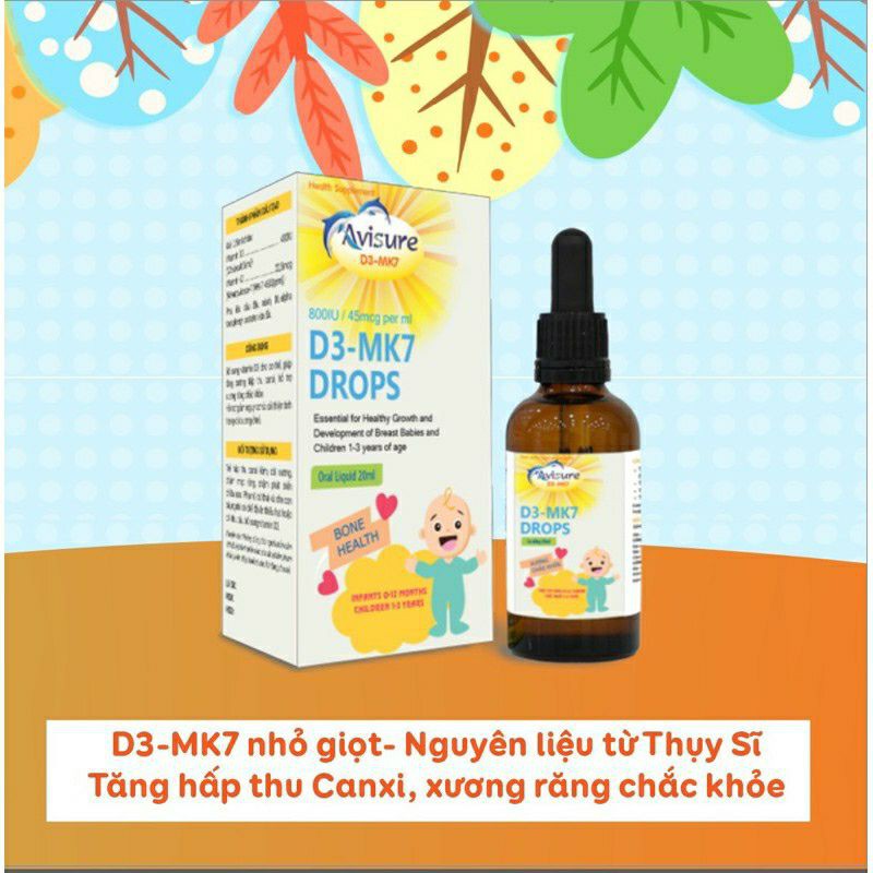 Avisure D3 - MK7 Drops - bổ sung vitamin D3 và K2 giúp bé cao lớn vượt trội lọ (20ml)