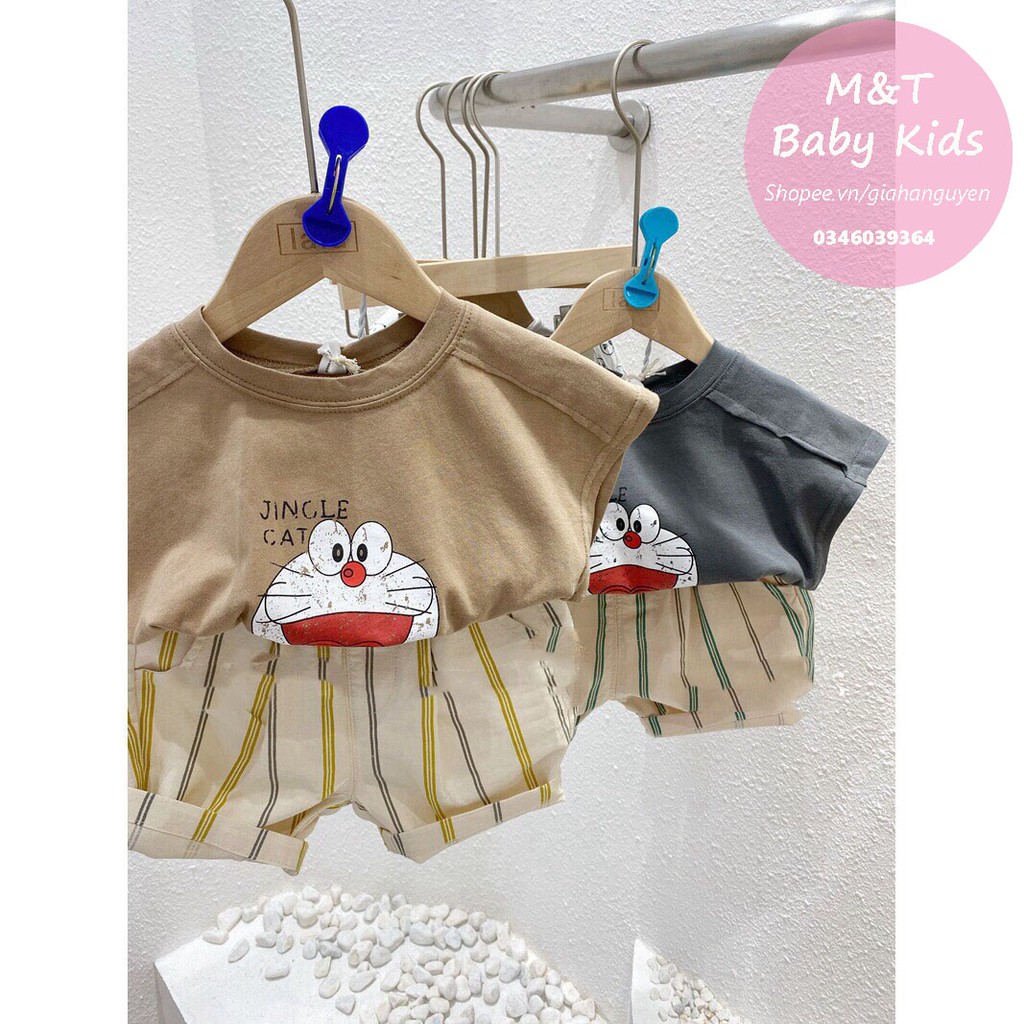Bộ cotton/Set sát nách Doremon áo cotton quần kẻ dễ thương cho bé trai bé gái
