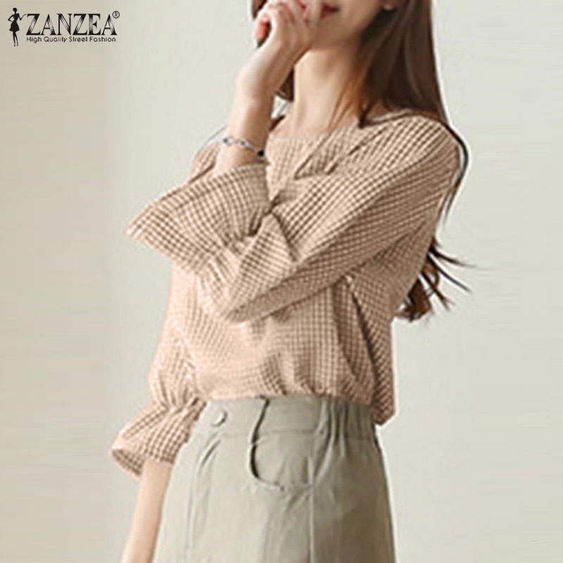 Áo Zanzea cổ tròn tay 3/4 in họa tiết caro thời trang Hàn Quốc thanh lịch