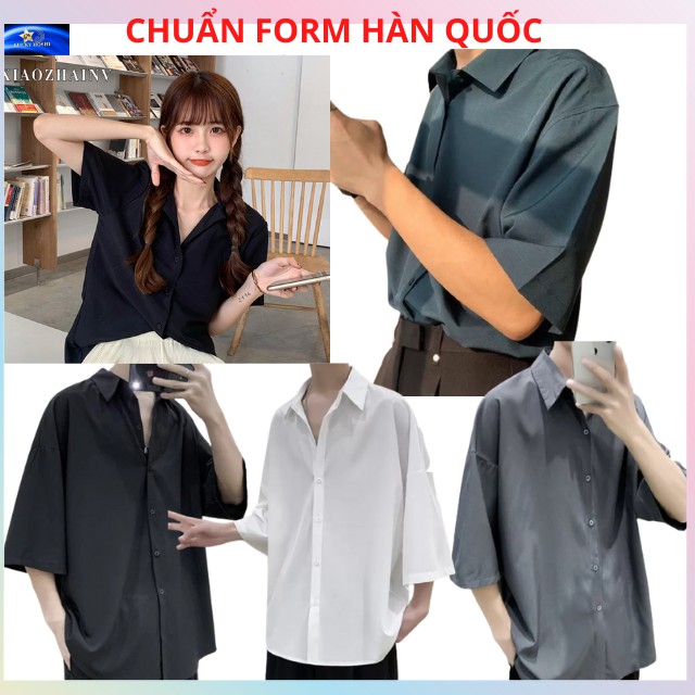 Áo sơ mi form rộng tay ngắn tay lỡ unisex nam nữ cá tính form Hàn Quốc vải lụa màu trắng đen xanh SMN02 | BigBuy360 - bigbuy360.vn