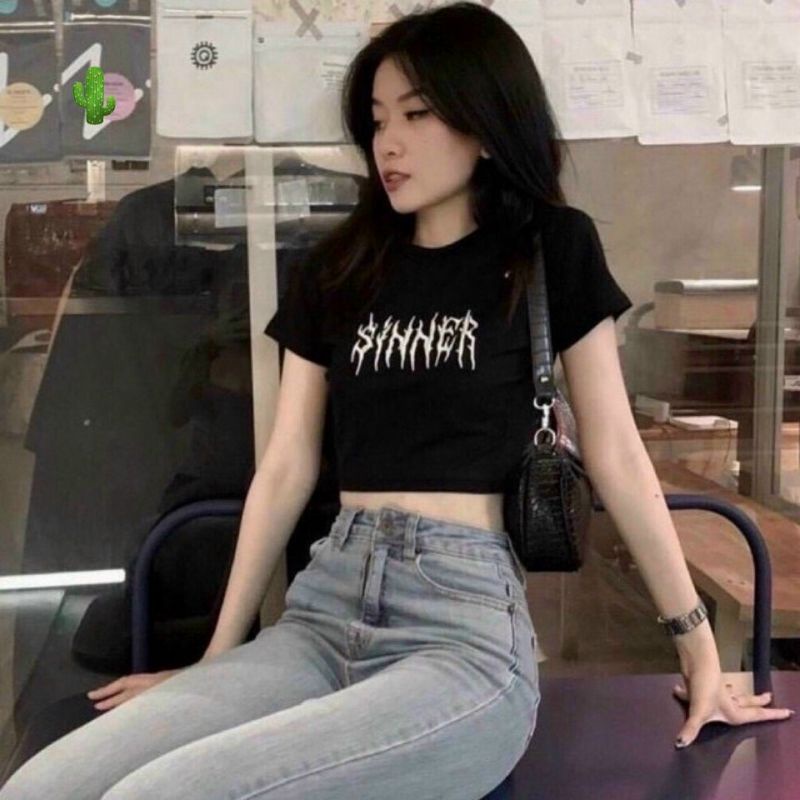 💥 Áo croptop in chữ Sinner siêu hít hót, chất thun borip dày đẹp, size <48kg💥