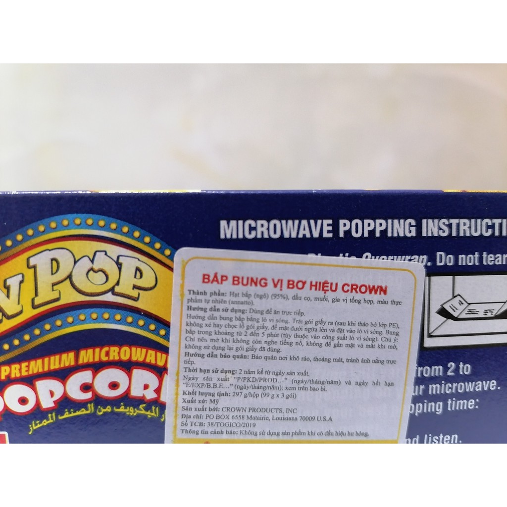 [Hộp 297g - Sweet] Bắp nổ (Bỏng ngô) vị Ngọt [USA] CROWN Premium Microwave Popcorn (tgc-hk) | BigBuy360 - bigbuy360.vn
