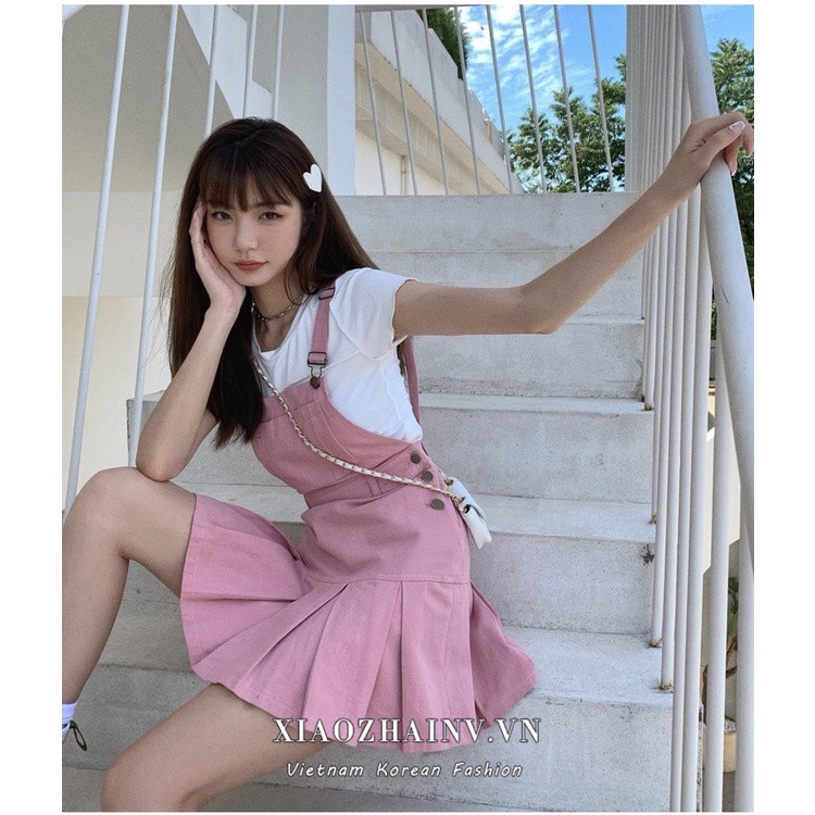 Đầm hai dây XIAOZHAINV dáng chữ A xếp ly màu hồng thời trang phong cách Hàn Quốc cho nữ