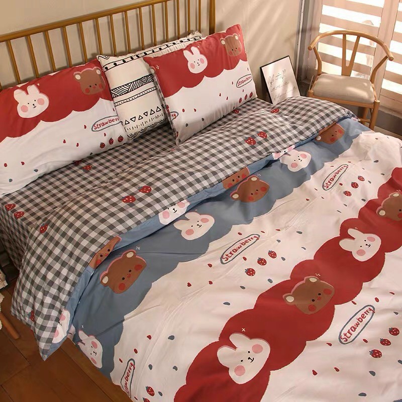 Bộ chăn ga cotton poly M2T Bedding chăn ga Hàn Quốc họa tiết Gấu và Thỏ đủ size miễn phí bo chun